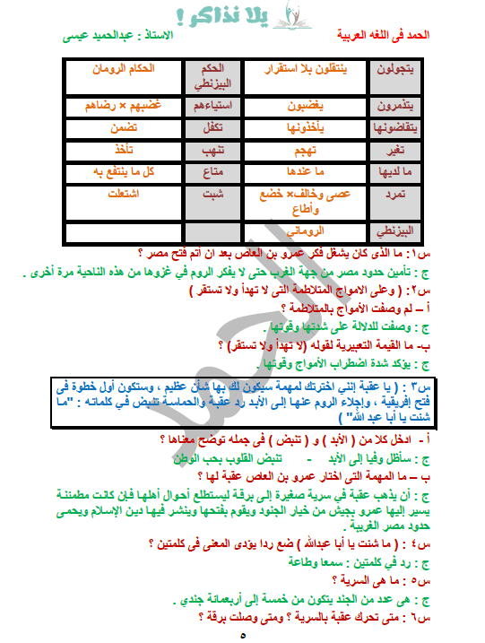 مذكرة لغة عربية للصف الاول الاعدادى ترم اول