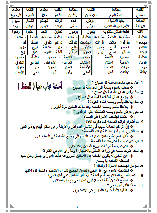 مذكرة لغة عربية للصف الثالث الابتدائي ترم اول