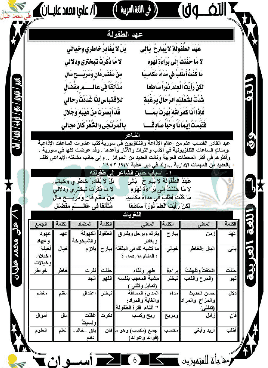 مذكرة لغة عربية للصف الثاني الاعدادي ترم اول