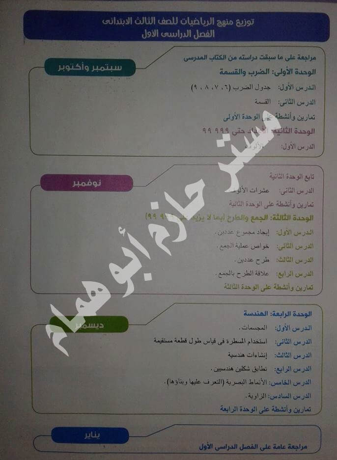 توزيع منهج الرياضيات للصف الثالث الإبتدائي الترم الاول