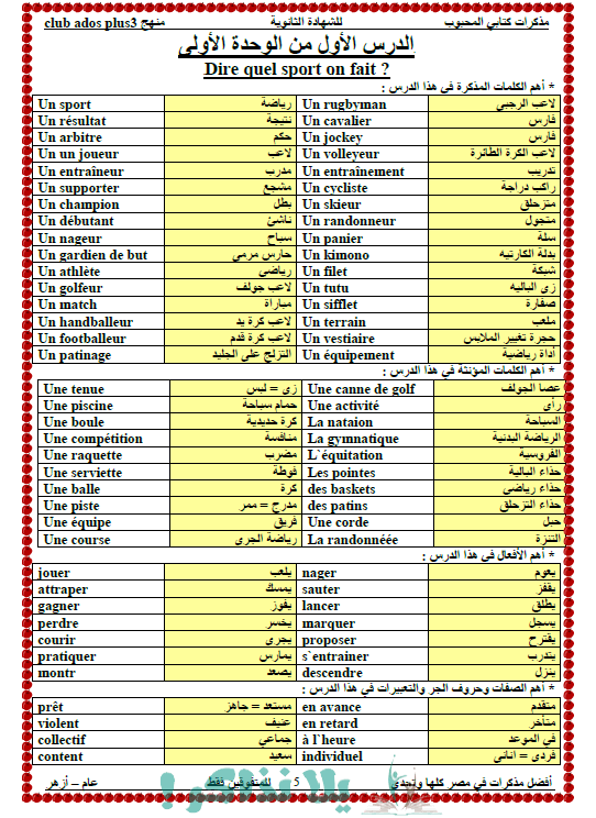 مذكرة لغة فرنسية للصف الثالث الثانوي