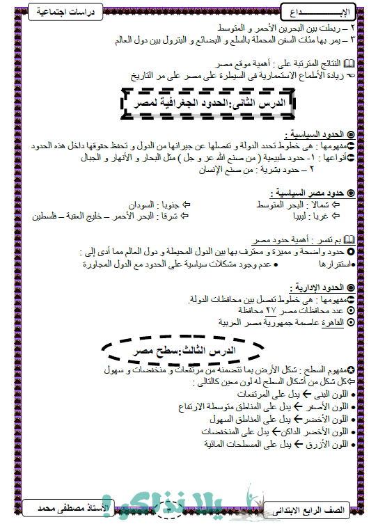 ملخص الدراسات الاجتماعية للصف الرابع الابتدائى ترم اول