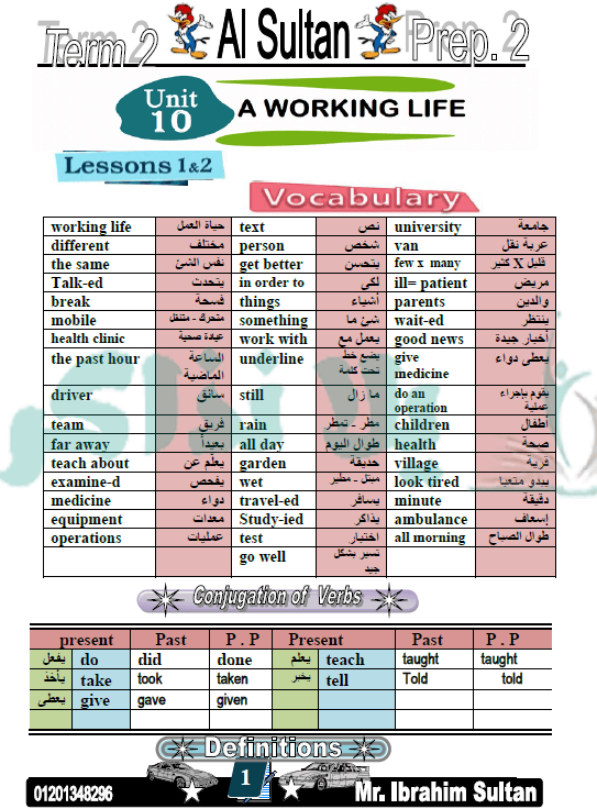 مذكرة لغة انجليزية للصف الثانى الاعدادي ترم ثانى