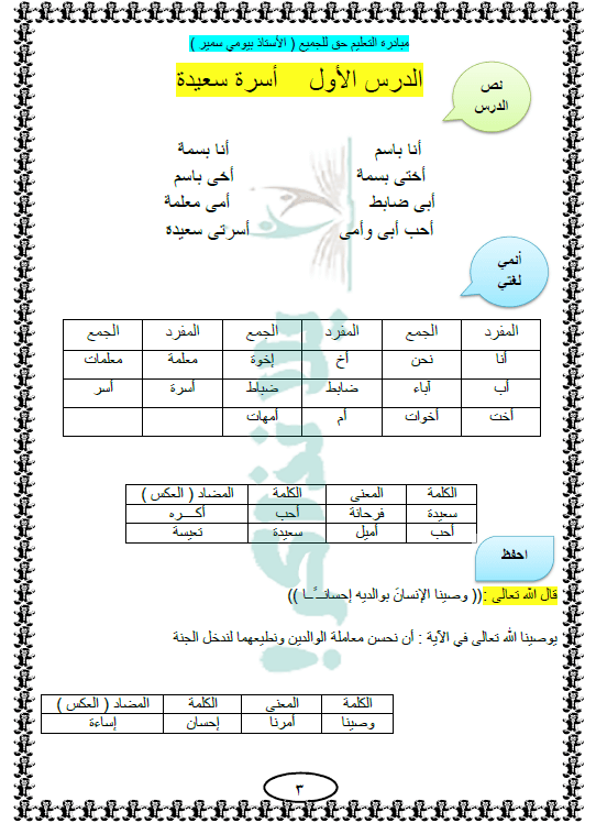 مذكرة لغة عربية للصف الاول الابتدائي ترم ثاني