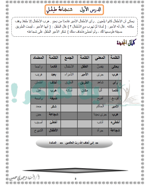 مذكرة لغة عربية للصف الثاني الابتدائي ترم ثاني