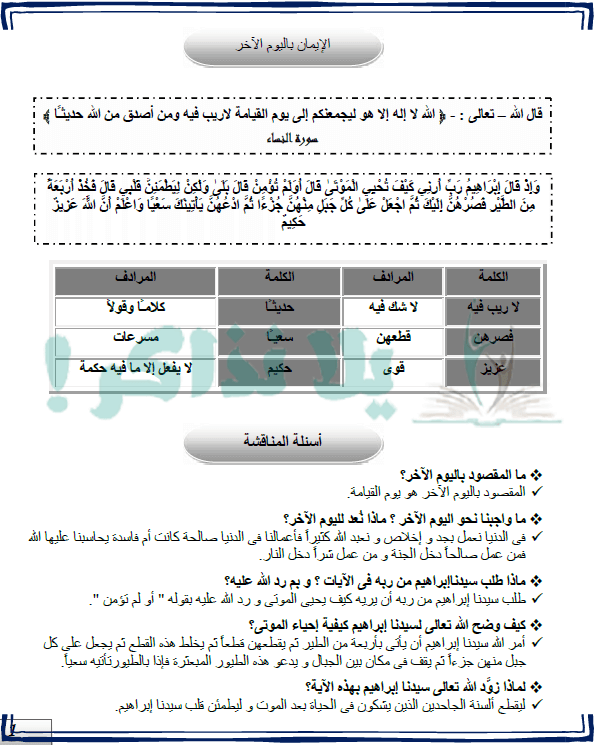 مذكرة دين للصف السادس الابتدائي ترم ثاني