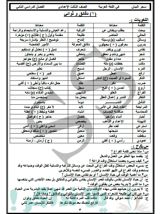 مذكرة لغة عربية للصف الثالث الاعدادي الترم الثاني