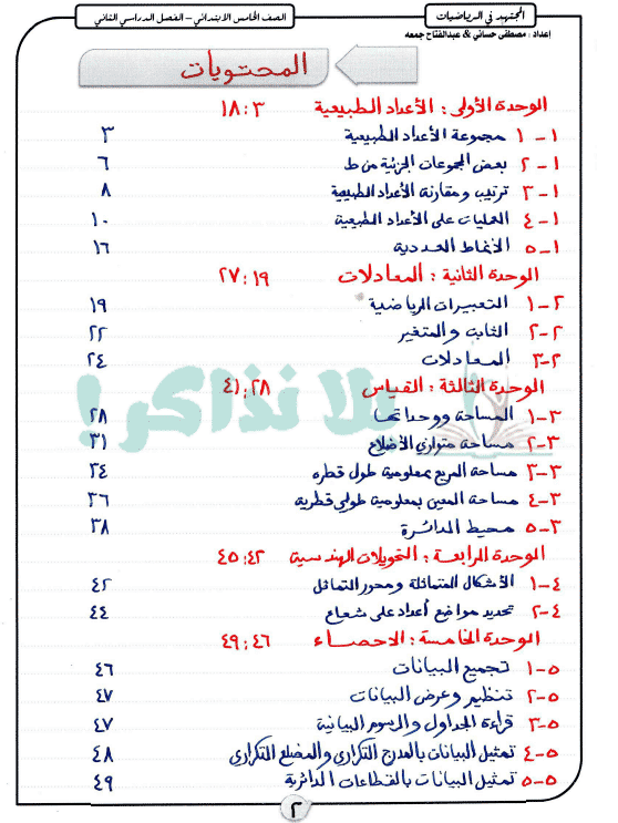 مذكرة رياضيات للصف الخامس الابتدائي ترم ثاني