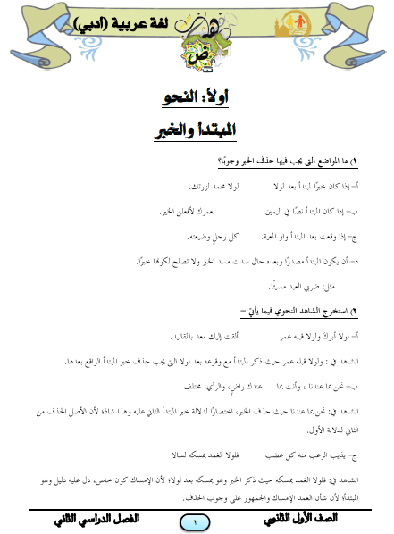 المراجعة النهائية في اللغة العربية أدبي للصف الأول الثانوى الترم الثاني