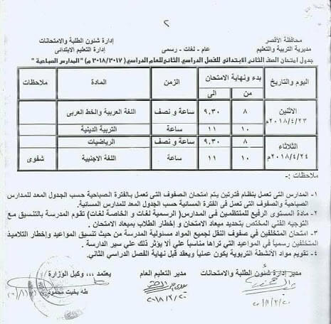 جدول امتحانات الصف الثاني الابتدائي اخر العام 2018 محافظة الاقصر
