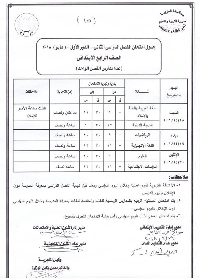 جدول امتحانات الصف الرابع الابتدائي اخر العام 2018 محافظة المنوفية