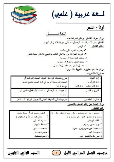 المراجعة النهائية في اللغة العربية علمي للصف الثاني الثانوي