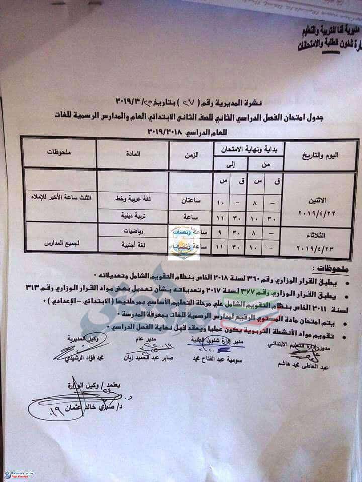 جدول امتحانات الصف الثاني الابتدائي الترم الثاني 2019 محافظة قنا