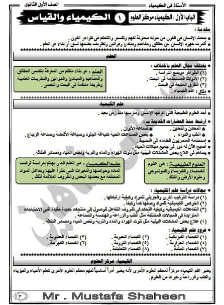 مذكرة كيمياء للصف الأول الثانوي