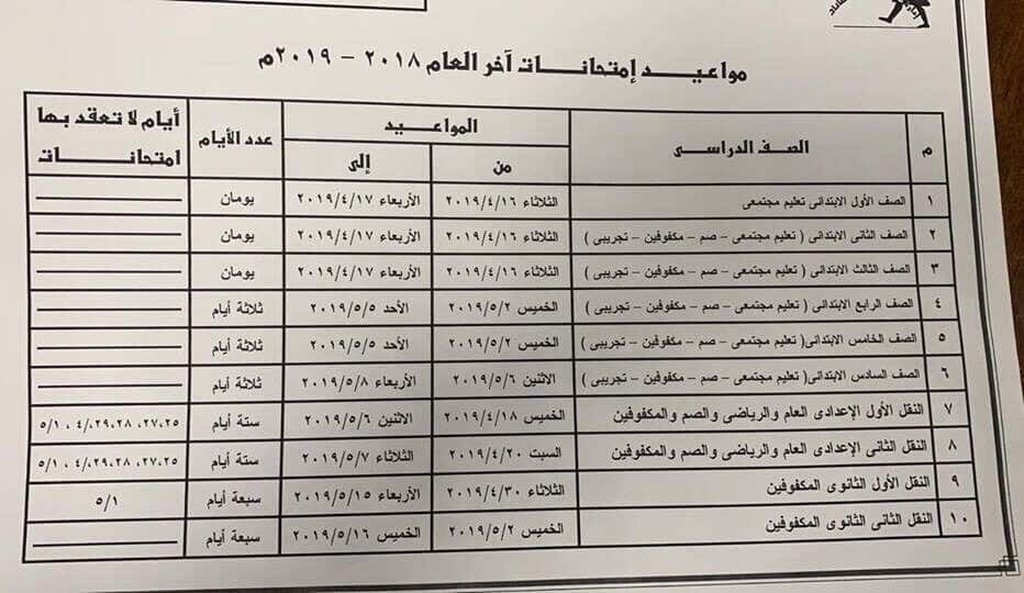 جدول امتحانات اخر العام 2019 محافظة القليوبية