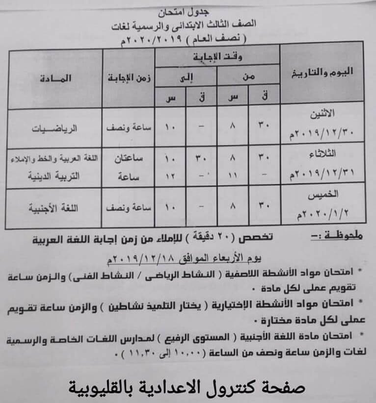 جدول امتحانات الصف الثالث الابتدائي نصف العام محافظة القليوبية 2020 2