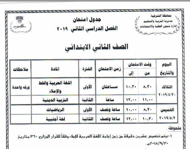 جدول امتحانات الصف الثاني الابتدائي الترم الثاني 2019 محافظة الشرقية