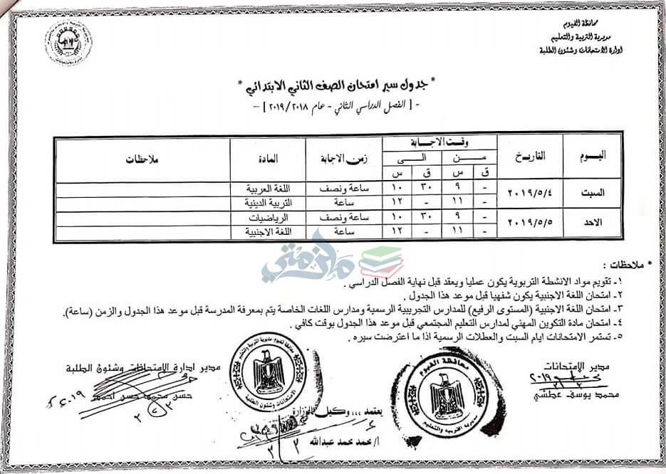 جدول امتحانات الصف الثاني الابتدائي الترم الثاني 2019 محافظة الفيوم