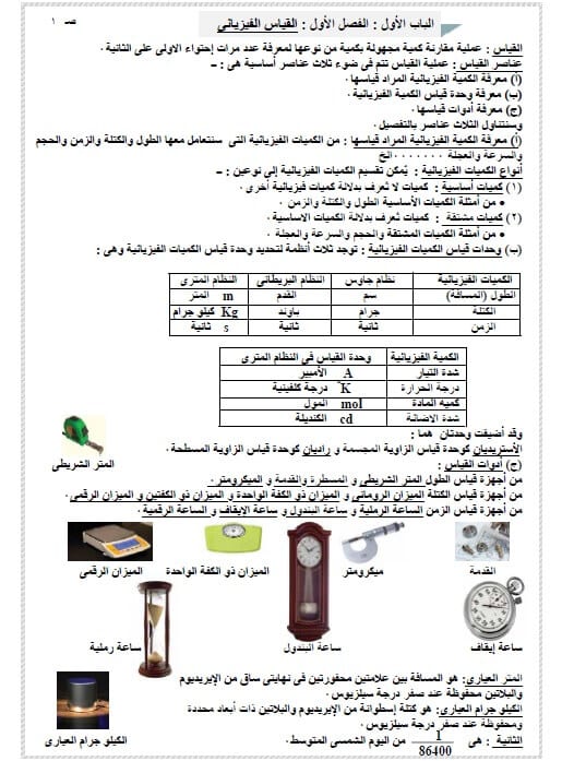 مذكرة فيزياء للصف الاول الثانوي