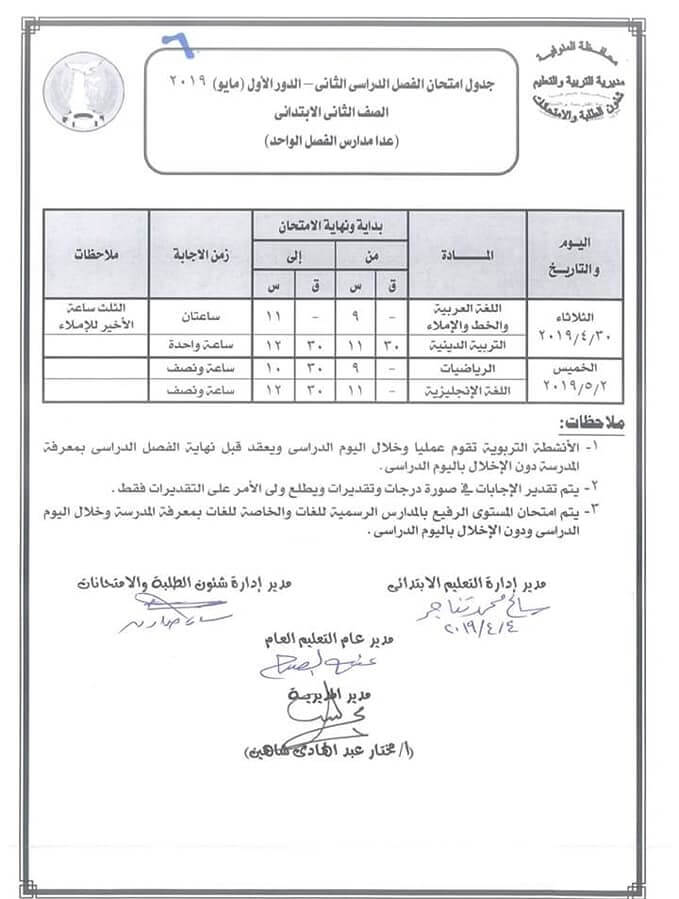 جدول امتحانات الصف الثاني الابتدائي الترم الثاني 2019 محافظة المنوفية