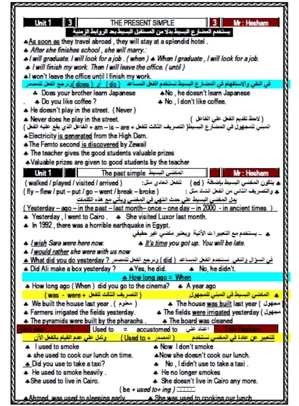 مذكرة لغة انجليزية للصف الأول الثانوي الترم الأول