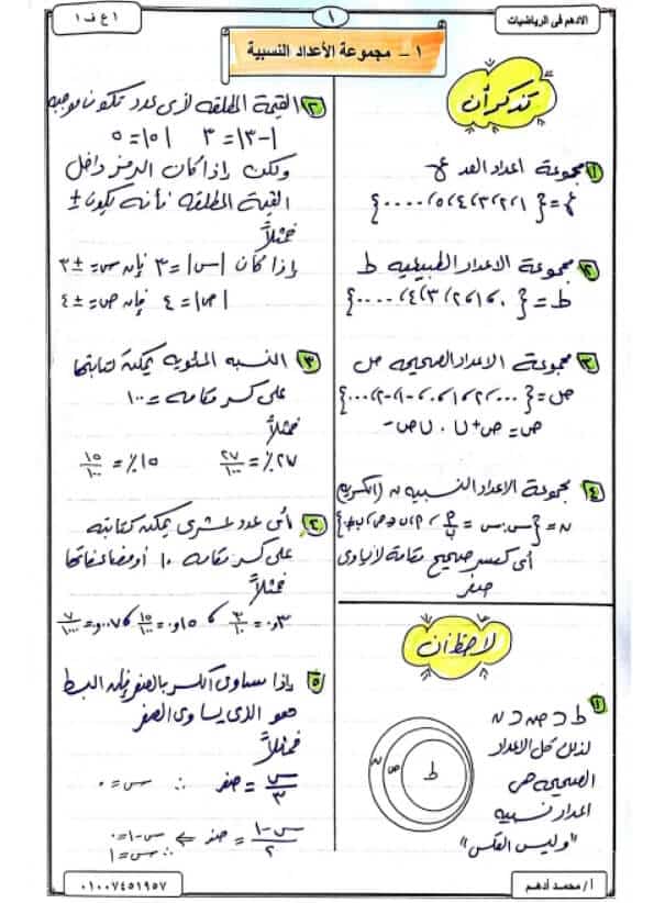 ملزمة رياضيات للصف الاول الاعدادي الترم الاول