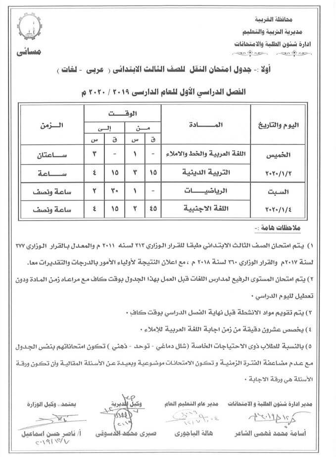 جدول امتحانات الصف الثالث الابتدائي نصف العام محافظة الغربية 2020 2