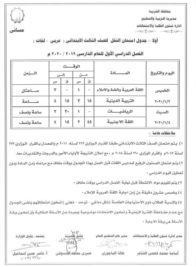 جدول امتحانات الصف الثالث الابتدائي نصف العام محافظة الغربية 2020 2