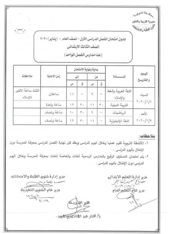 جدول امتحانات الصف الثالث الابتدائي نصف العام محافظة المنوفية 2020
