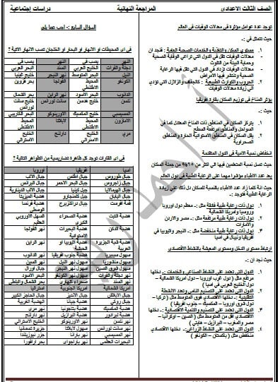 مراجعة الدراسات النهائية للثالث الاعدادى ترم اول