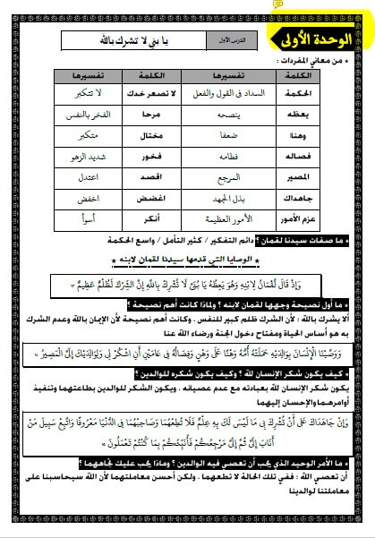 ملزمة تربية دينية للصف الخامس الابتدائي الترم الثاني