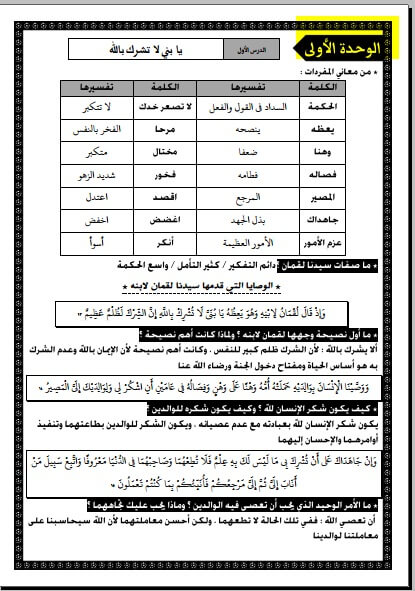 مذكرة تربية دينية للصف الخامس الابتدائي ترم ثاني