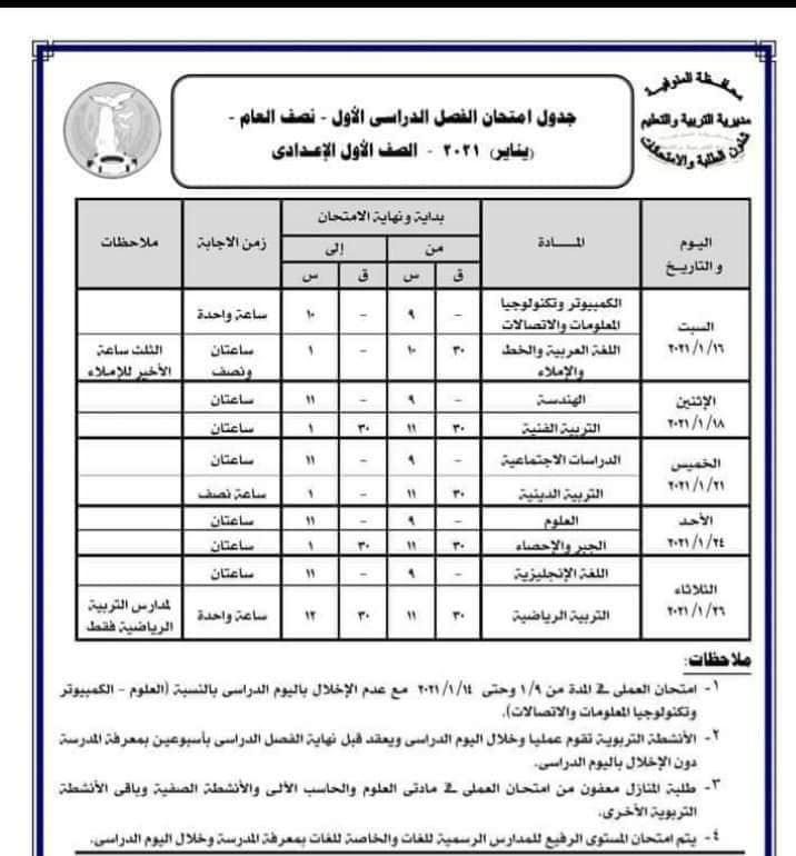 جدول امتحانات الصف الأول الاعدادي نصف العام محافظة المنوفية 2021