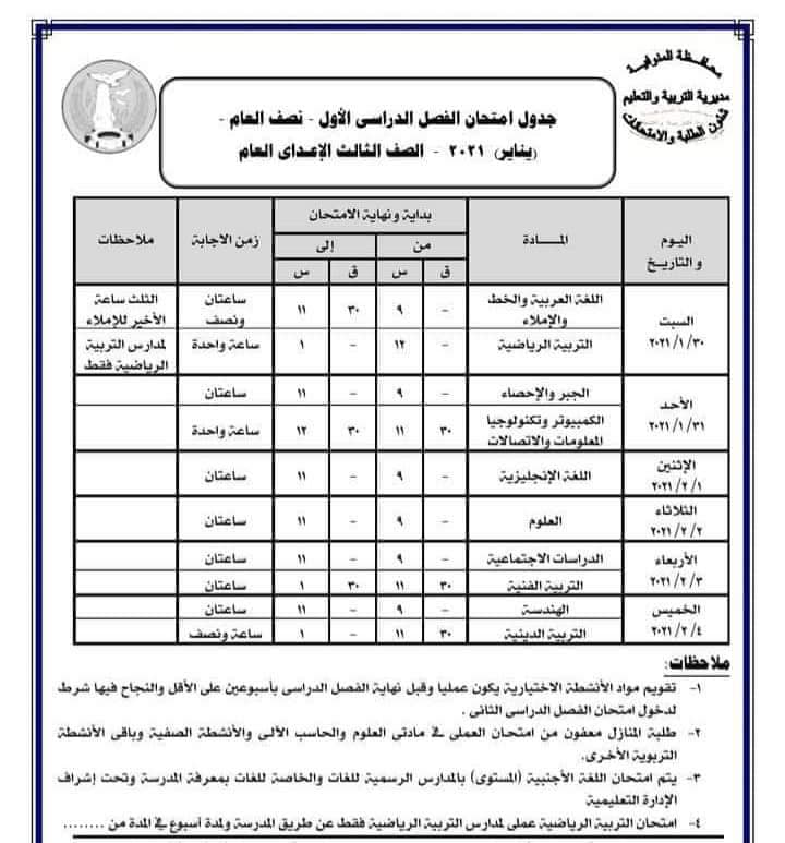 جدول امتحانات الصف الثالث الاعدادي نصف العام محافظة المنوفية 2021