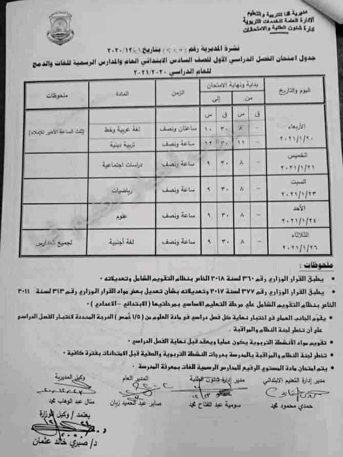 جدول امتحانات الصف السادس الابتدائي نصف العام محافظة قنا 2021