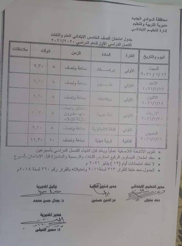 جدول امتحانات الصف الخامس الابتدائي نصف العام محافظة الوادي الجديد 2021