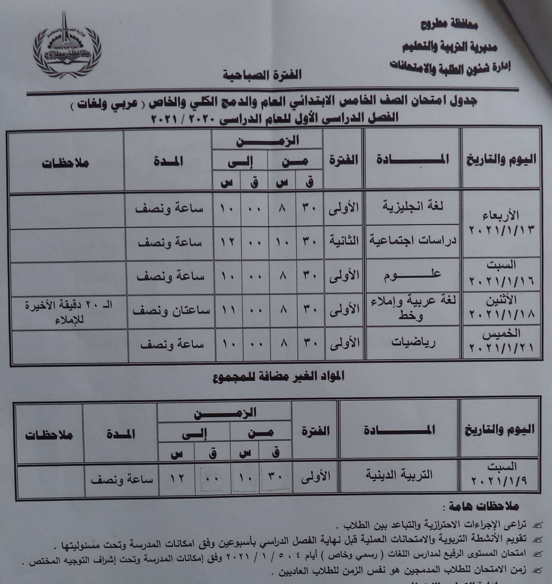 جدول امتحانات الصف الخامس الابتدائي نصف العام محافظة مطروح 2021 1