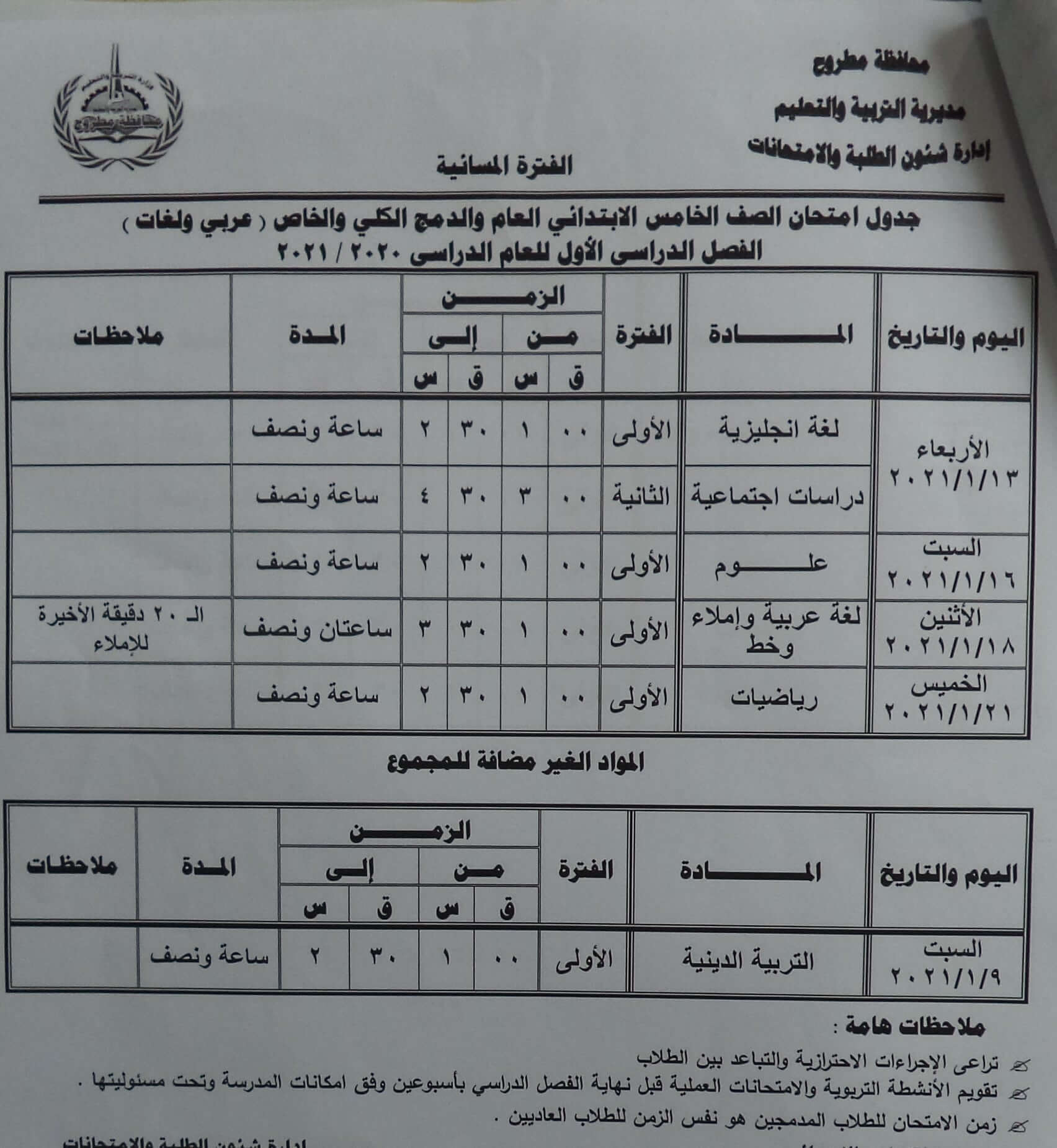 جدول امتحانات الصف الخامس الابتدائي نصف العام محافظة مطروح 2021 2