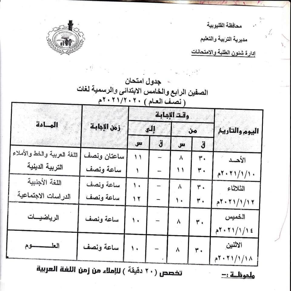جدول امتحانات الصفين الرابع والخامس الابتدائي نصف العام محافظة القليوبية 2021