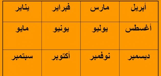 شهور السنة الميلادية باللغة العربية