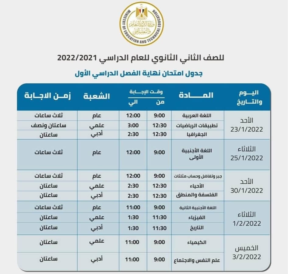 جدول امتحانات الصف الثاني الثانوي نصف العام 2022