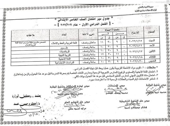 جدول امتحانات الصف الخامس الابتدائي 2022 الترم الأول محافظة الفيوم