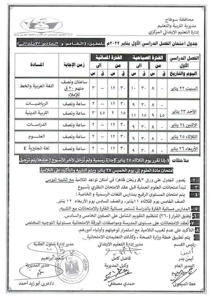 جدول امتحانات الصف الخامس والسادس الابتدائي 2022 الترم الأول محافظة سوهاج