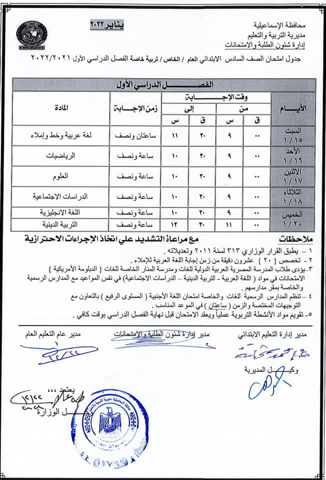 جدول امتحانات الصف السادس الابتدائي 2022 نصف العام محافظة الاسماعيلية