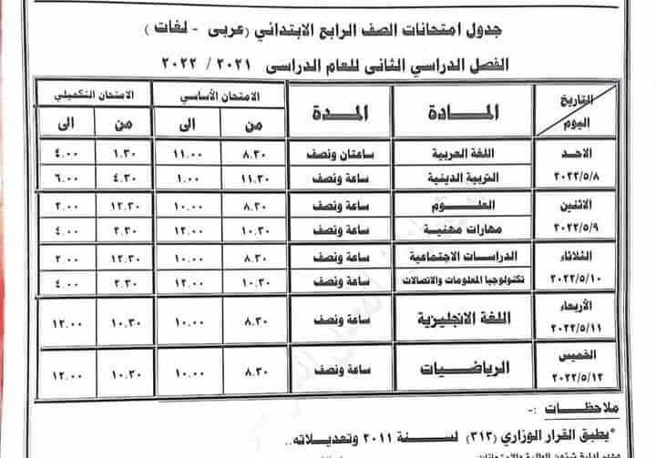 جدول امتحانات الصف الرابع الابتدائي 2022 اخر العام موحد لجميع المحافظات