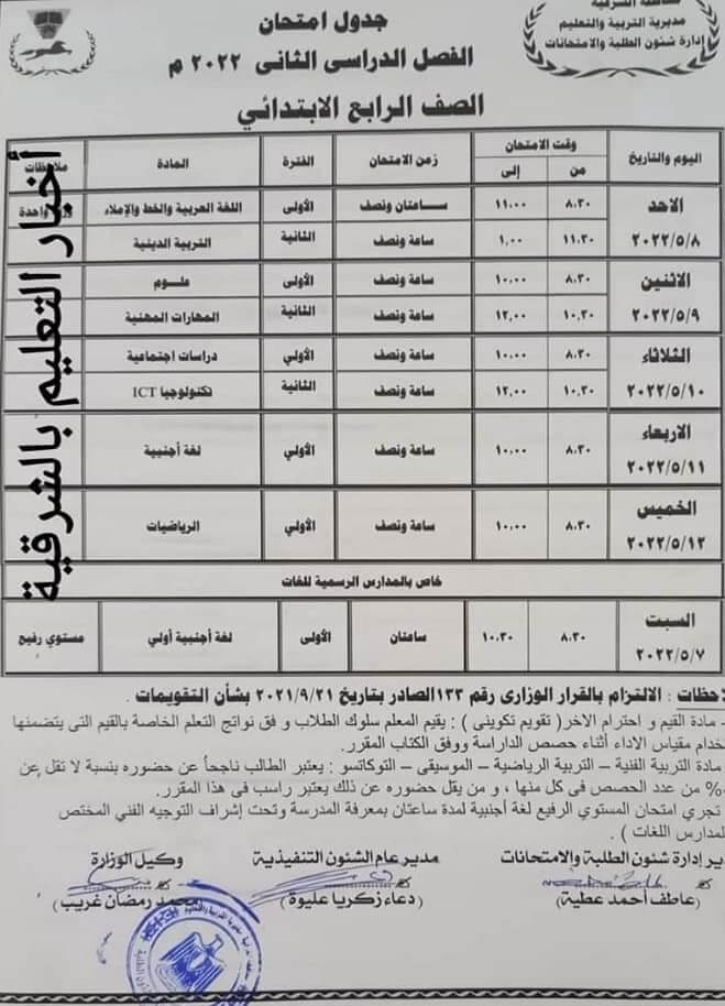 جدول امتحانات الصف الرابع الابتدائي 2022 الترم الثاني محافظة الشرقية