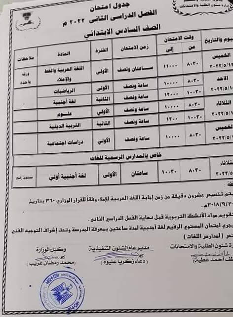 جدول امتحانات الصف السادس الابتدائي 2022 الترم الثاني محافظة الشرقية