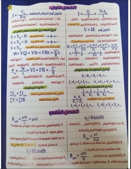 تلخيص قوانين منهج الفيزياء كاملة ثالثة ثانوي 