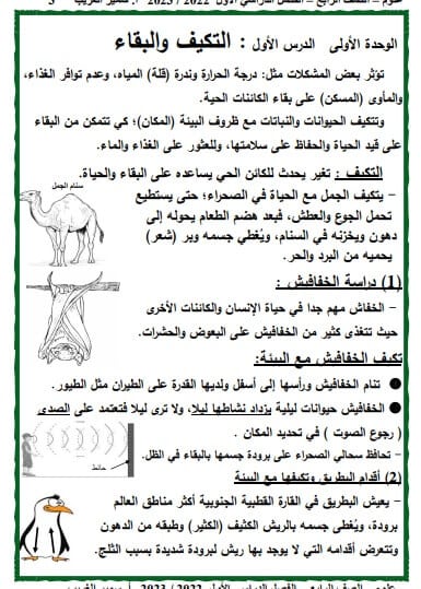 مذكرة علوم رابعة ابتدائي ترم اول منهج جديد 